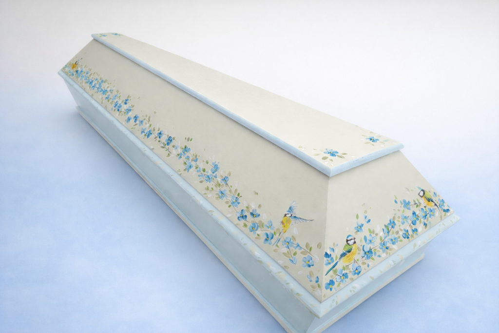 ručně malovaná rakev s motivem sýkorek od autora Markéta Pešková