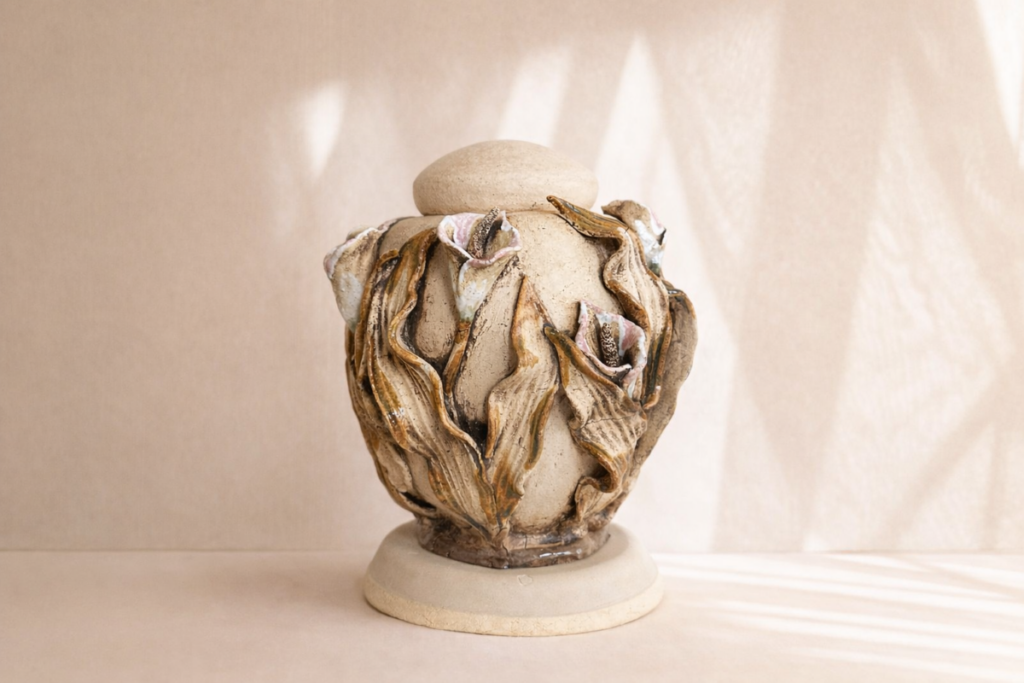 ručně vyrobená autorská urna s liliemi z keramiky